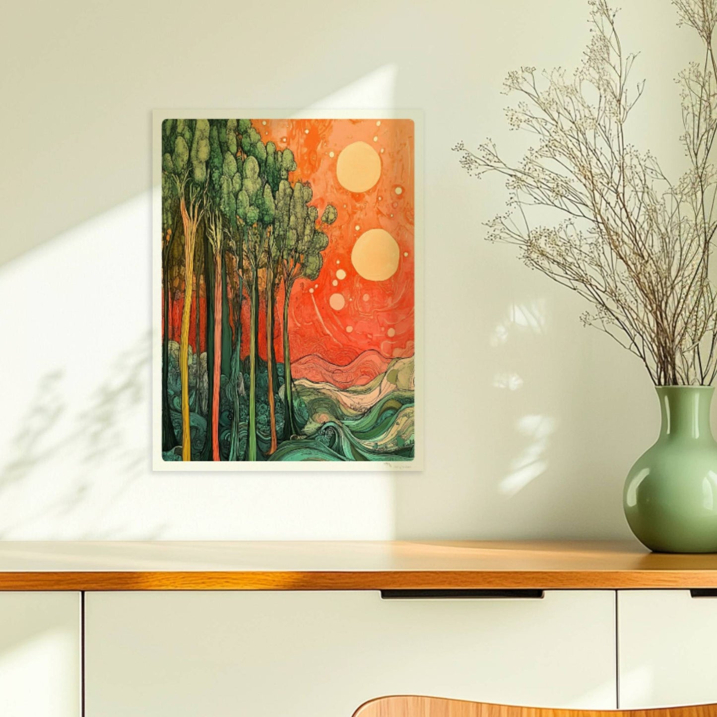 Stilisierte Landschaft mit schlanken grünen Bäumen, zwei Sonnen und surrealer Atmosphäre.. Ohne Rahmen 30x40