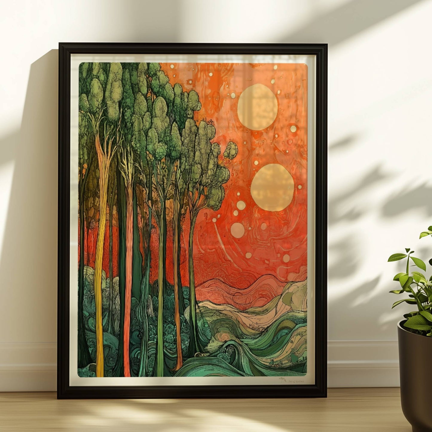 Stilisierte Landschaft mit schlanken grünen Bäumen, zwei Sonnen und surrealer Atmosphäre.. Rahmen schwarz 30x40