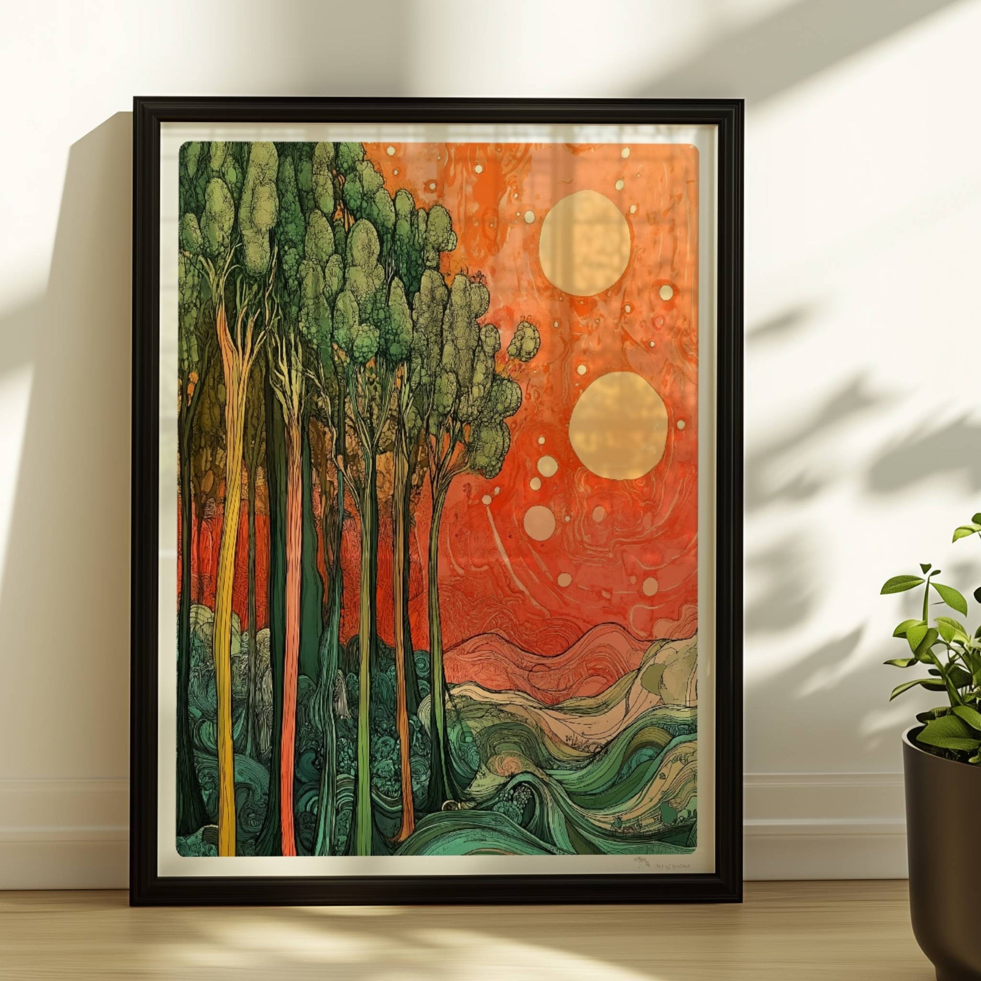 Stilisierte Landschaft mit schlanken grünen Bäumen, zwei Sonnen und surrealer Atmosphäre.. Rahmen schwarz 30x40