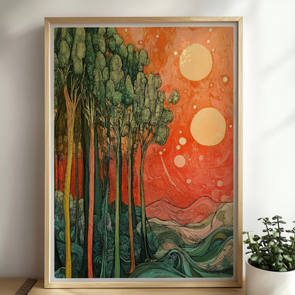 Stilisierte Landschaft mit schlanken grünen Bäumen, zwei Sonnen und surrealer Atmosphäre.. Rahmen natur 50x70