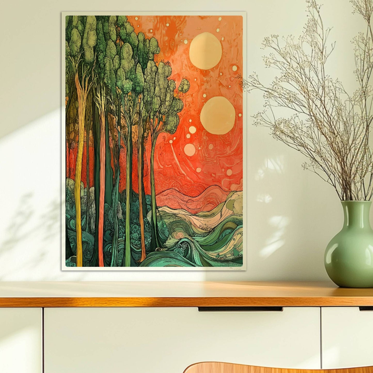 Stilisierte Landschaft mit schlanken grünen Bäumen, zwei Sonnen und surrealer Atmosphäre.. Ohne Rahmen 50x70