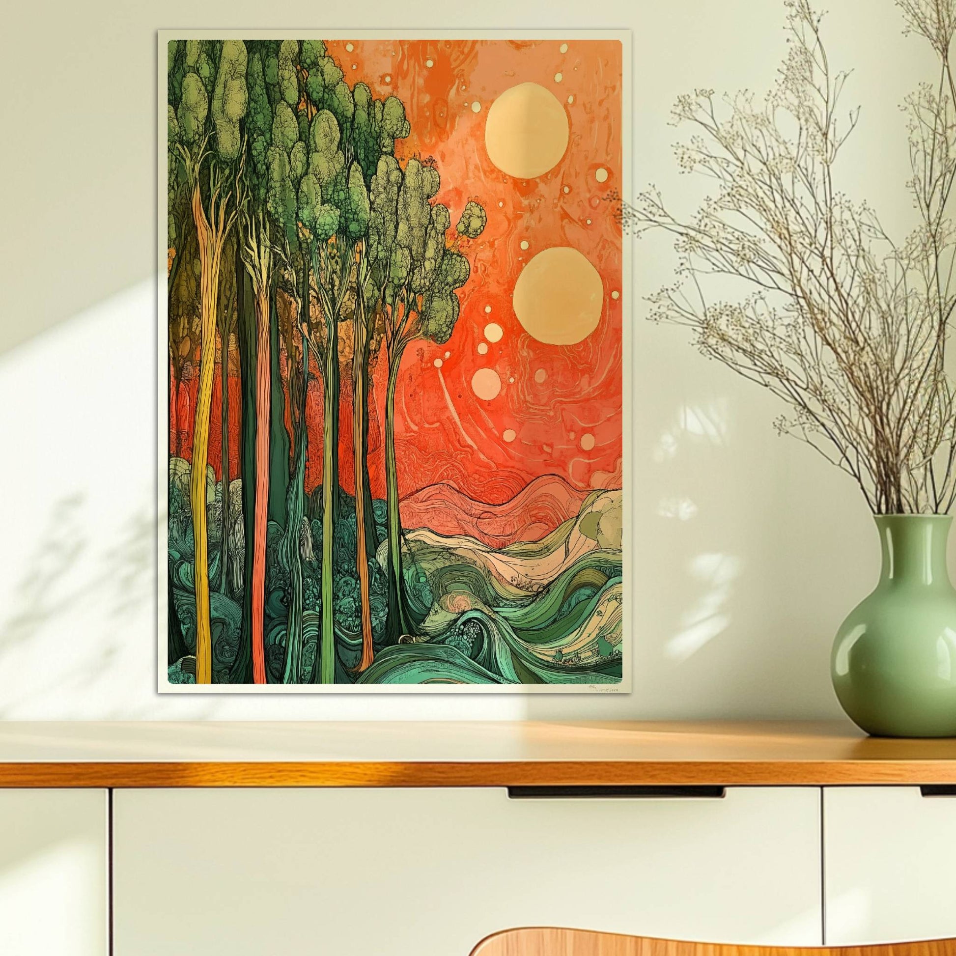 Stilisierte Landschaft mit schlanken grünen Bäumen, zwei Sonnen und surrealer Atmosphäre.. Ohne Rahmen 50x70