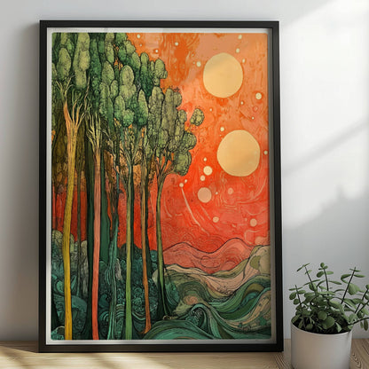 Stilisierte Landschaft mit schlanken grünen Bäumen, zwei Sonnen und surrealer Atmosphäre.. Rahmen schwarz 50x70