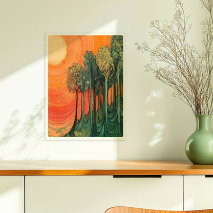 Surreale Waldszene in leuchtendem Orange und Grün mit warmem Licht und fantastischen Formen.. Ohne Rahmen 30x40