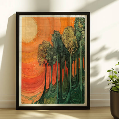 Surreale Waldszene in leuchtendem Orange und Grün mit warmem Licht und fantastischen Formen.. Rahmen schwarz 30x40