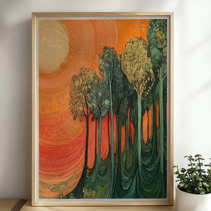 Surreale Waldszene in leuchtendem Orange und Grün mit warmem Licht und fantastischen Formen.. Rahmen natur 50x70