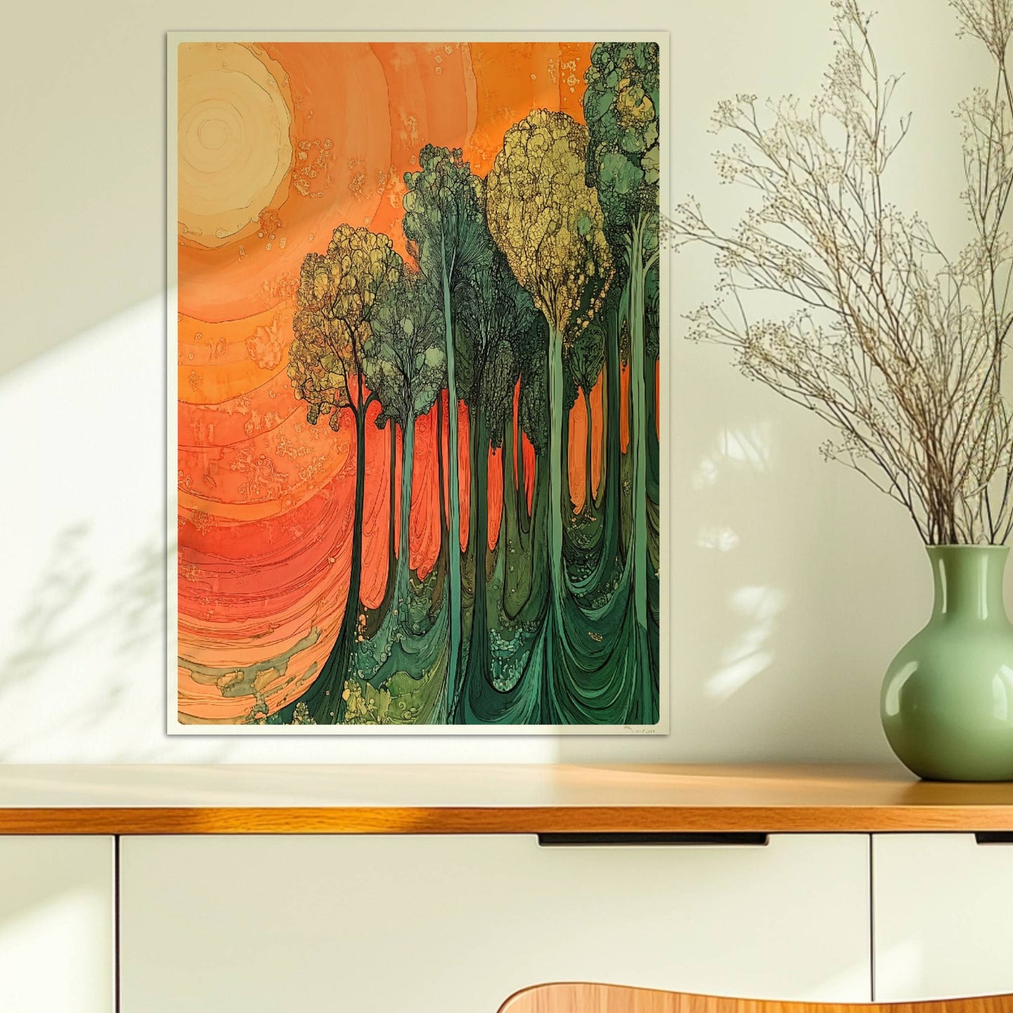 Surreale Waldszene in leuchtendem Orange und Grün mit warmem Licht und fantastischen Formen.. Ohne Rahmen 50x70