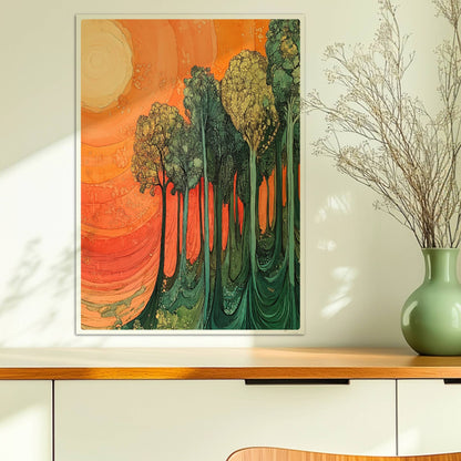 Surreale Waldszene in leuchtendem Orange und Grün mit warmem Licht und fantastischen Formen.. Ohne Rahmen 50x70