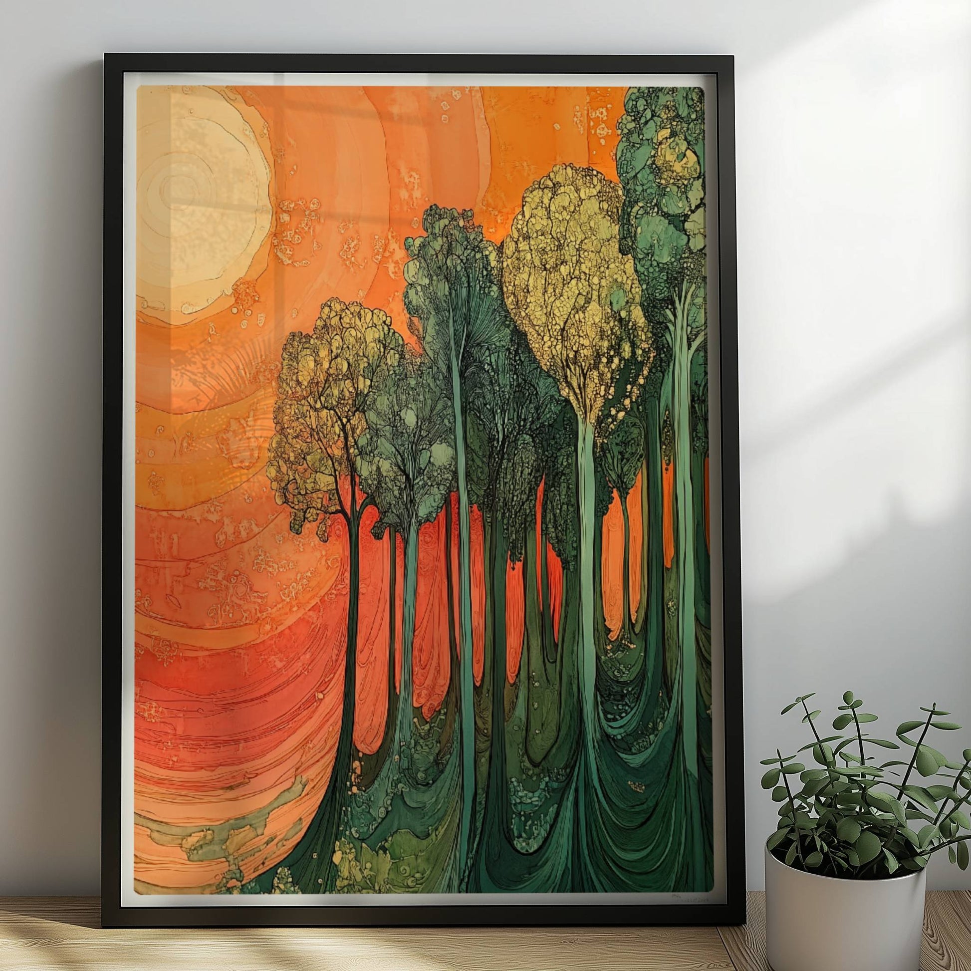 Surreale Waldszene in leuchtendem Orange und Grün mit warmem Licht und fantastischen Formen.. Rahmen schwarz 50x70