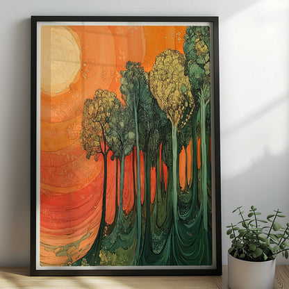 Surreale Waldszene in leuchtendem Orange und Grün mit warmem Licht und fantastischen Formen.. Rahmen schwarz 50x70