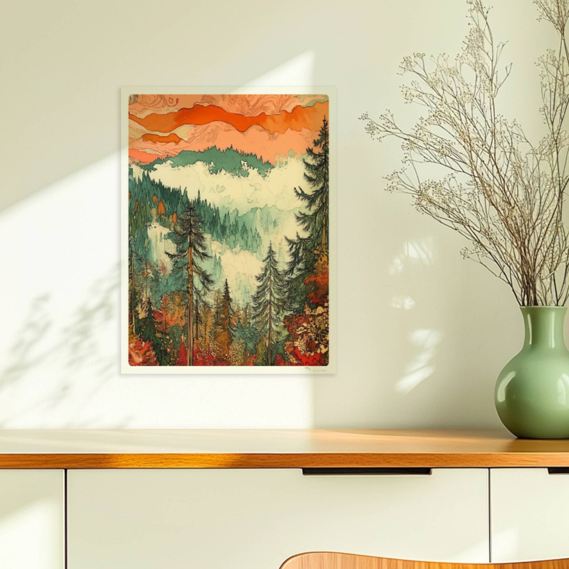Atmosphärische Berglandschaft mit nebligen grünen Wäldern und sanftem Lichtspiel.. Ohne Rahmen 30x40