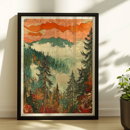Atmosphärische Berglandschaft mit nebligen grünen Wäldern und sanftem Lichtspiel.. Rahmen schwarz 30x40