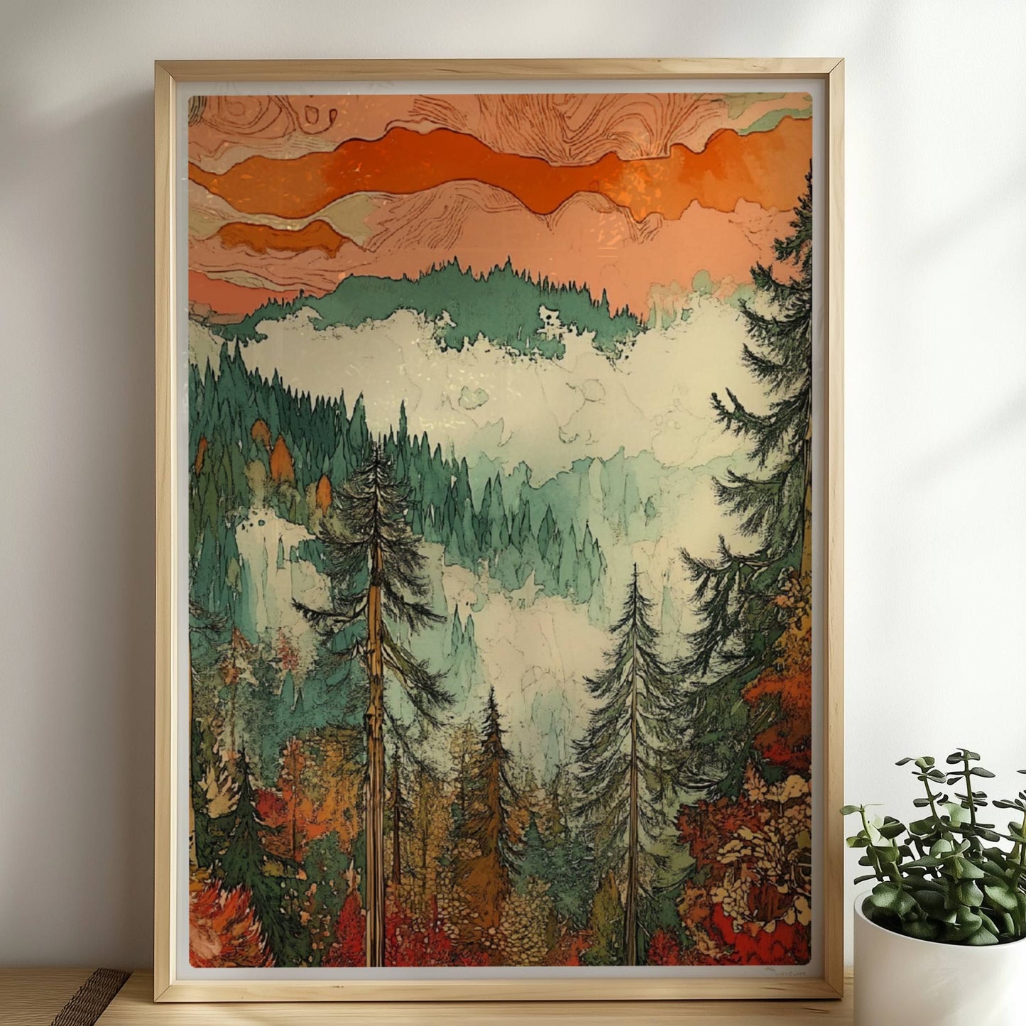 Atmosphärische Berglandschaft mit nebligen grünen Wäldern und sanftem Lichtspiel.. Rahmen natur 50x70