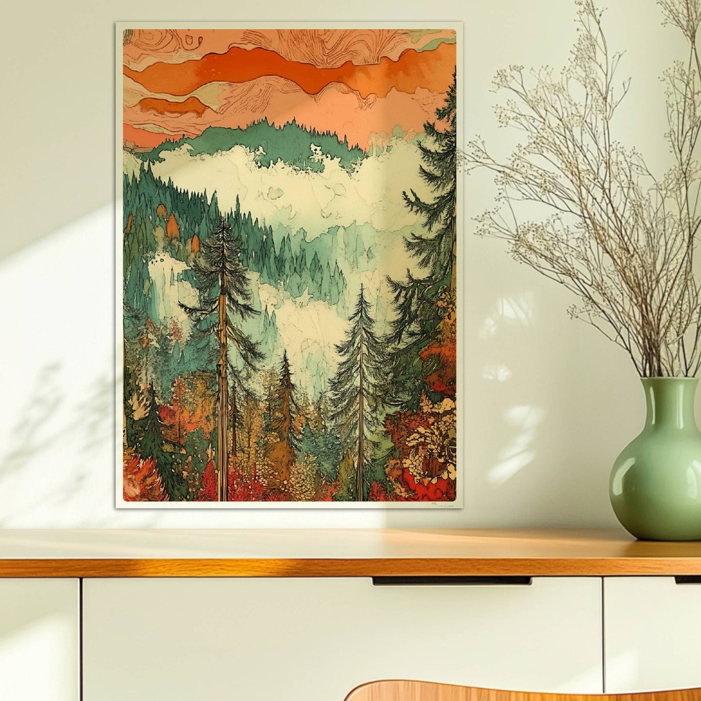 Atmosphärische Berglandschaft mit nebligen grünen Wäldern und sanftem Lichtspiel.. Ohne Rahmen 50x70