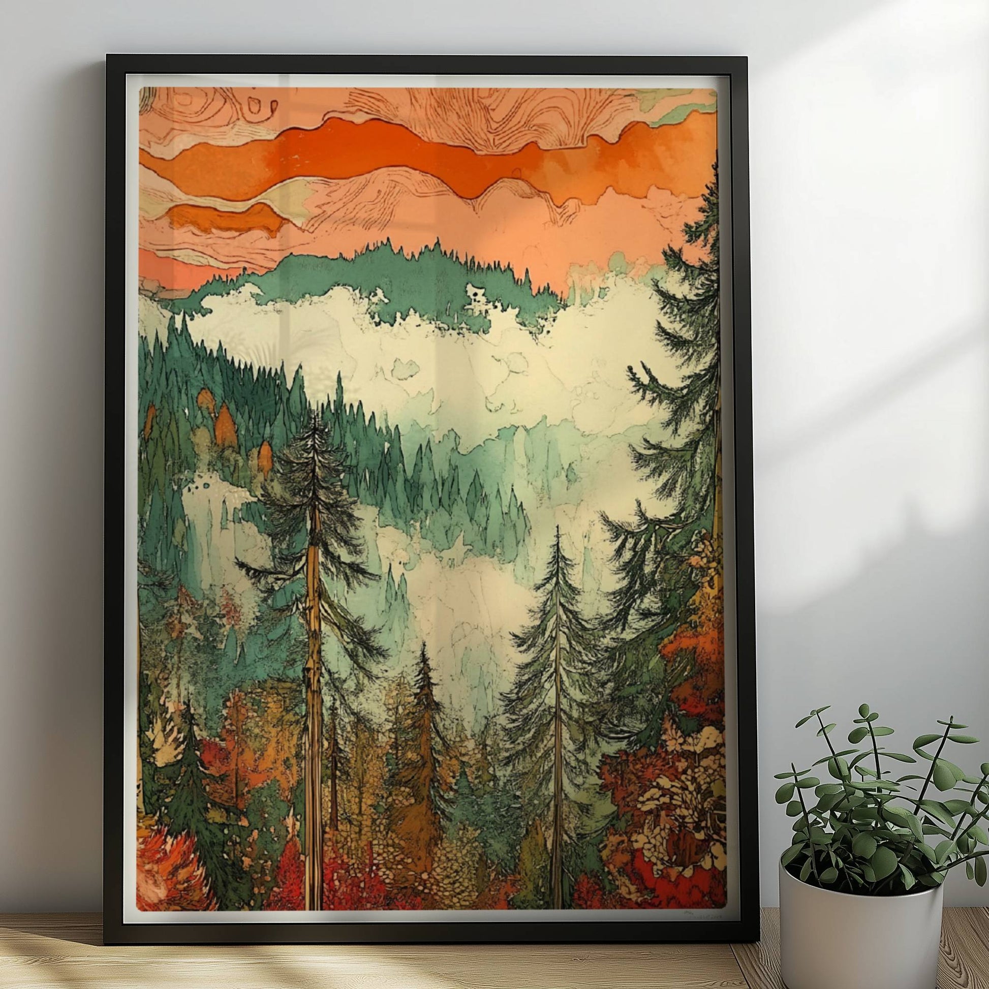 Atmosphärische Berglandschaft mit nebligen grünen Wäldern und sanftem Lichtspiel.. Rahmen schwarz 50x70