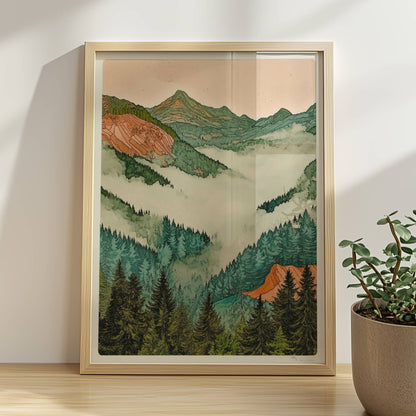 Sanfte grüne Hügel und Berge in pastelligen Tönen mit stilisiertem Sonnenlicht.. Rahmen natur 30x40