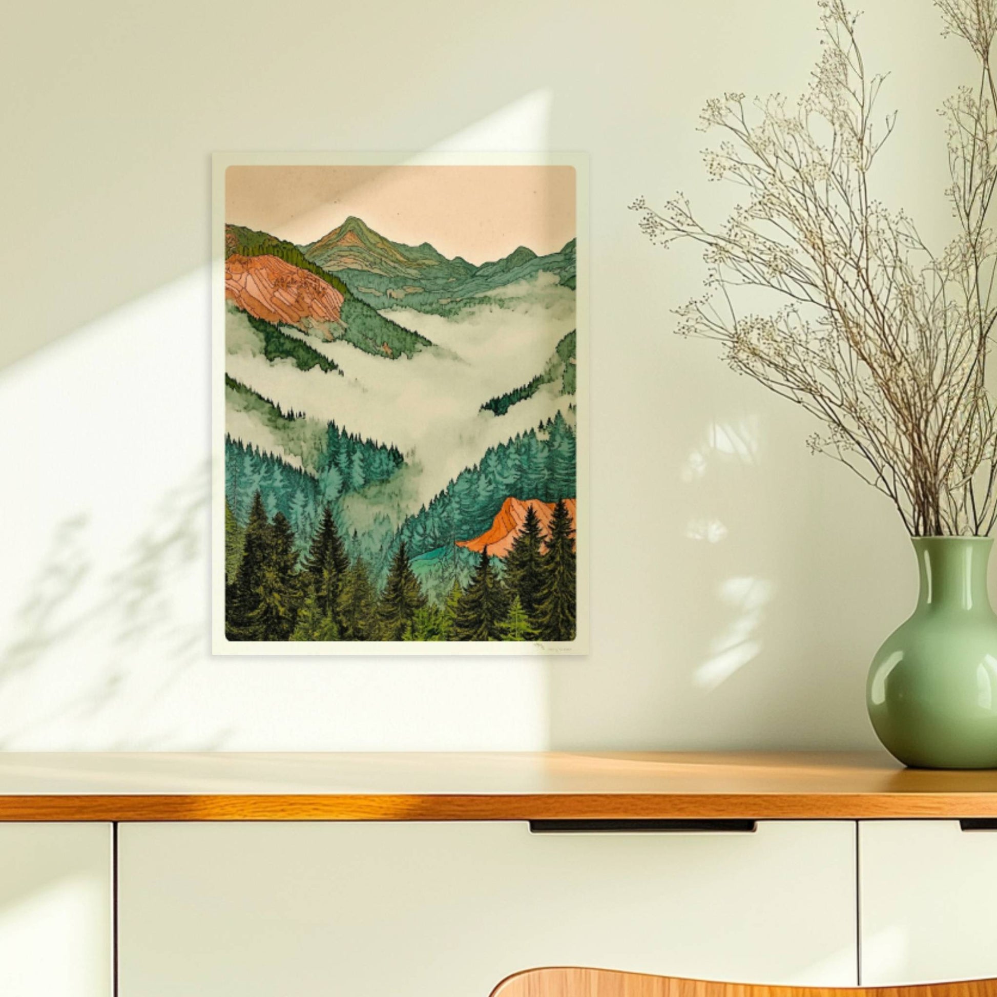 Sanfte grüne Hügel und Berge in pastelligen Tönen mit stilisiertem Sonnenlicht.. Ohne Rahmen 30x40