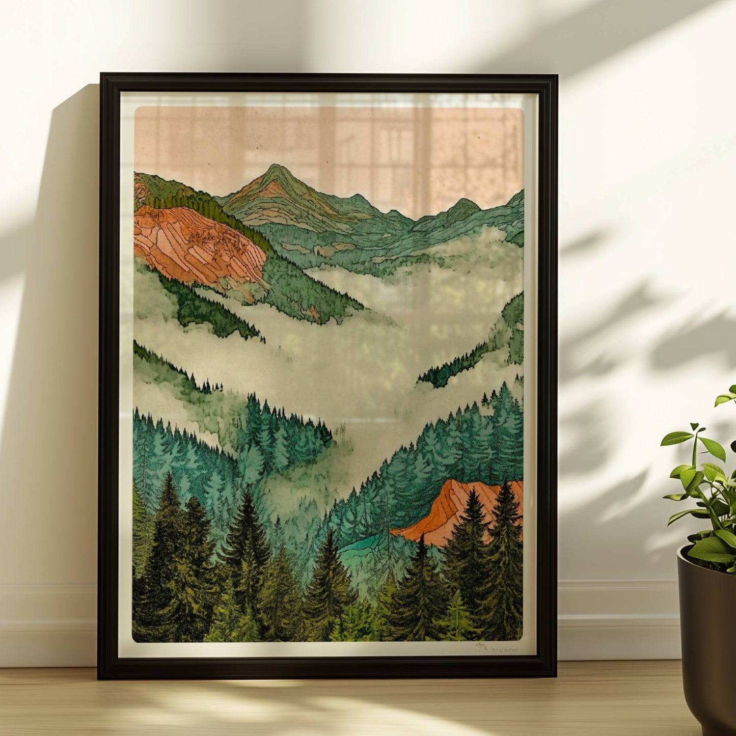 Sanfte grüne Hügel und Berge in pastelligen Tönen mit stilisiertem Sonnenlicht.. Rahmen schwarz 30x40