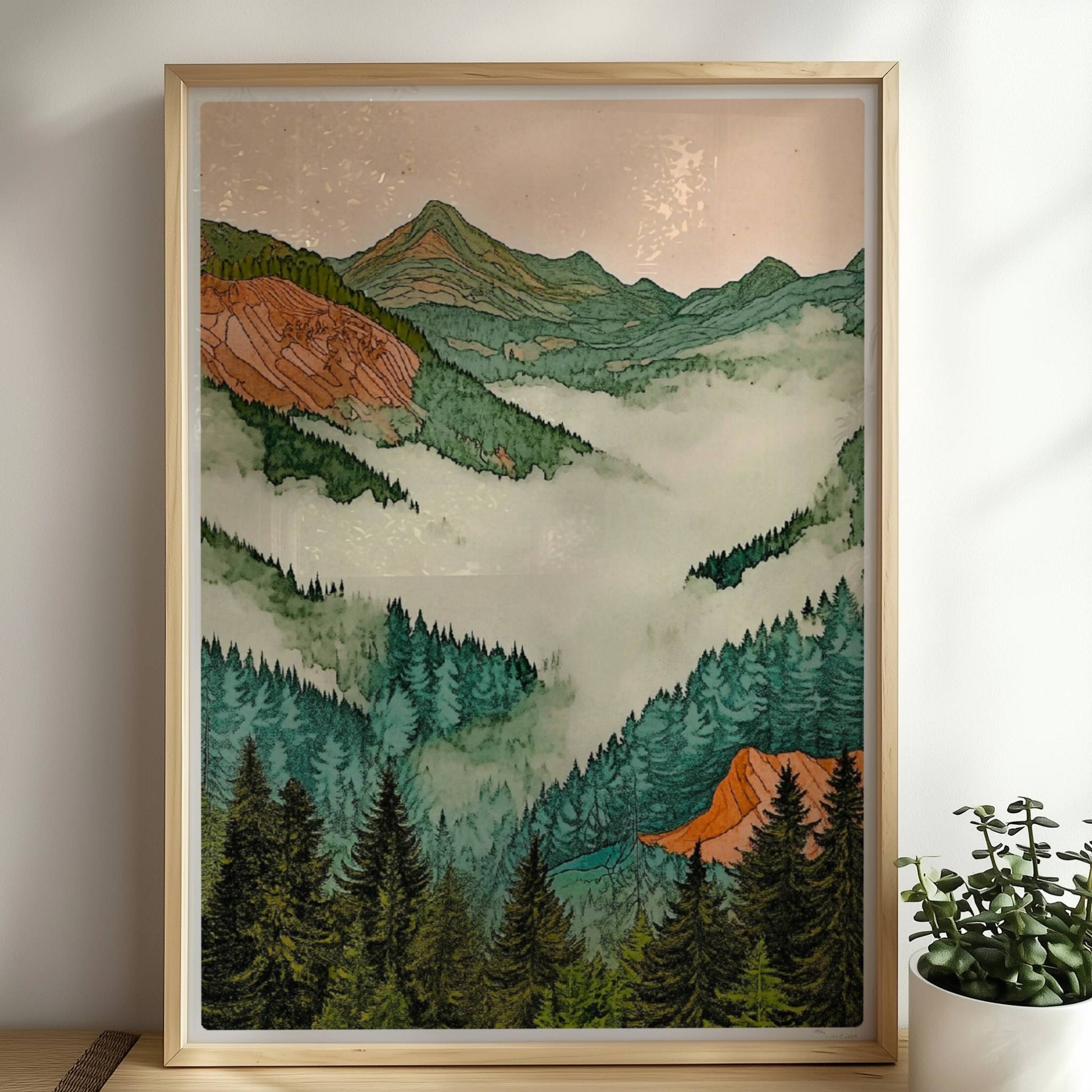 Sanfte grüne Hügel und Berge in pastelligen Tönen mit stilisiertem Sonnenlicht.. Rahmen natur 50x70