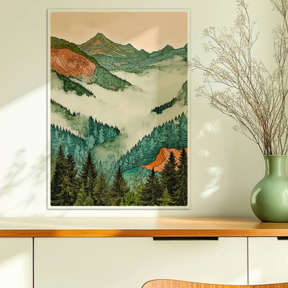 Sanfte grüne Hügel und Berge in pastelligen Tönen mit stilisiertem Sonnenlicht.. Ohne Rahmen 50x70