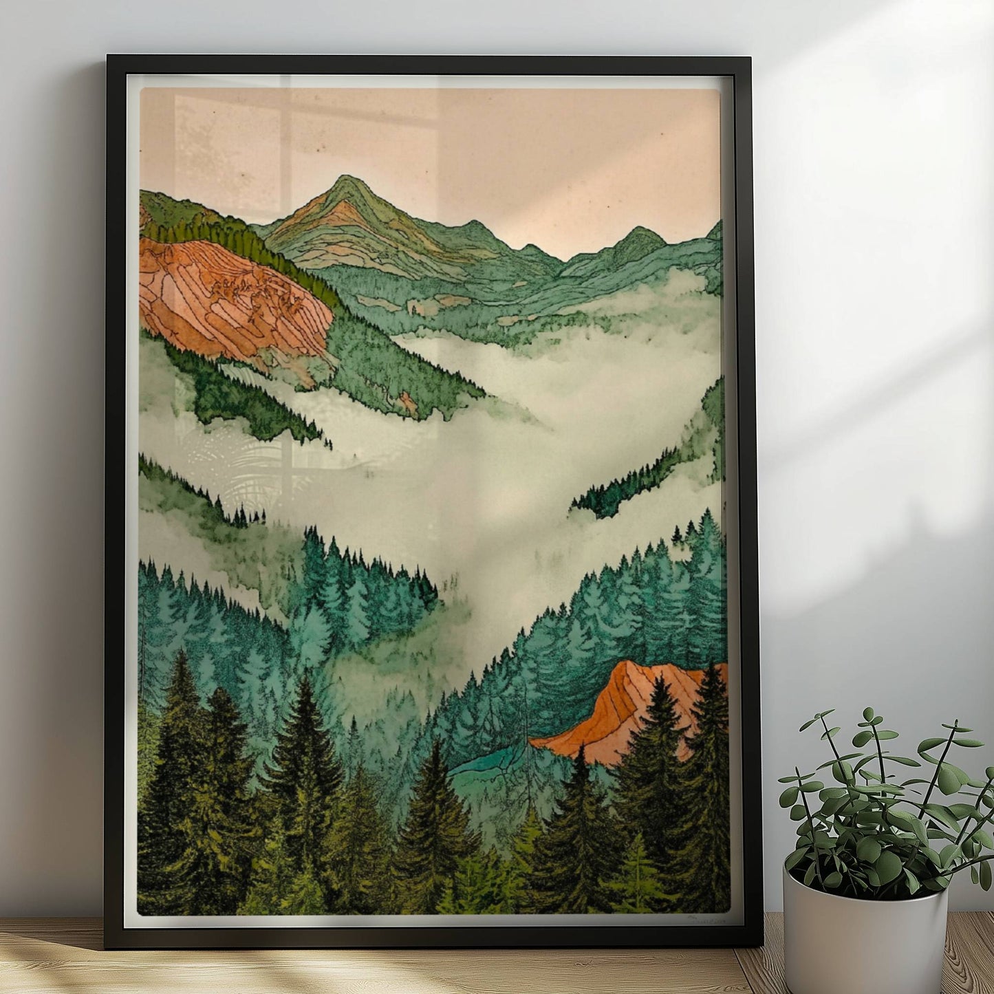 Sanfte grüne Hügel und Berge in pastelligen Tönen mit stilisiertem Sonnenlicht.. Rahmen schwarz 50x70