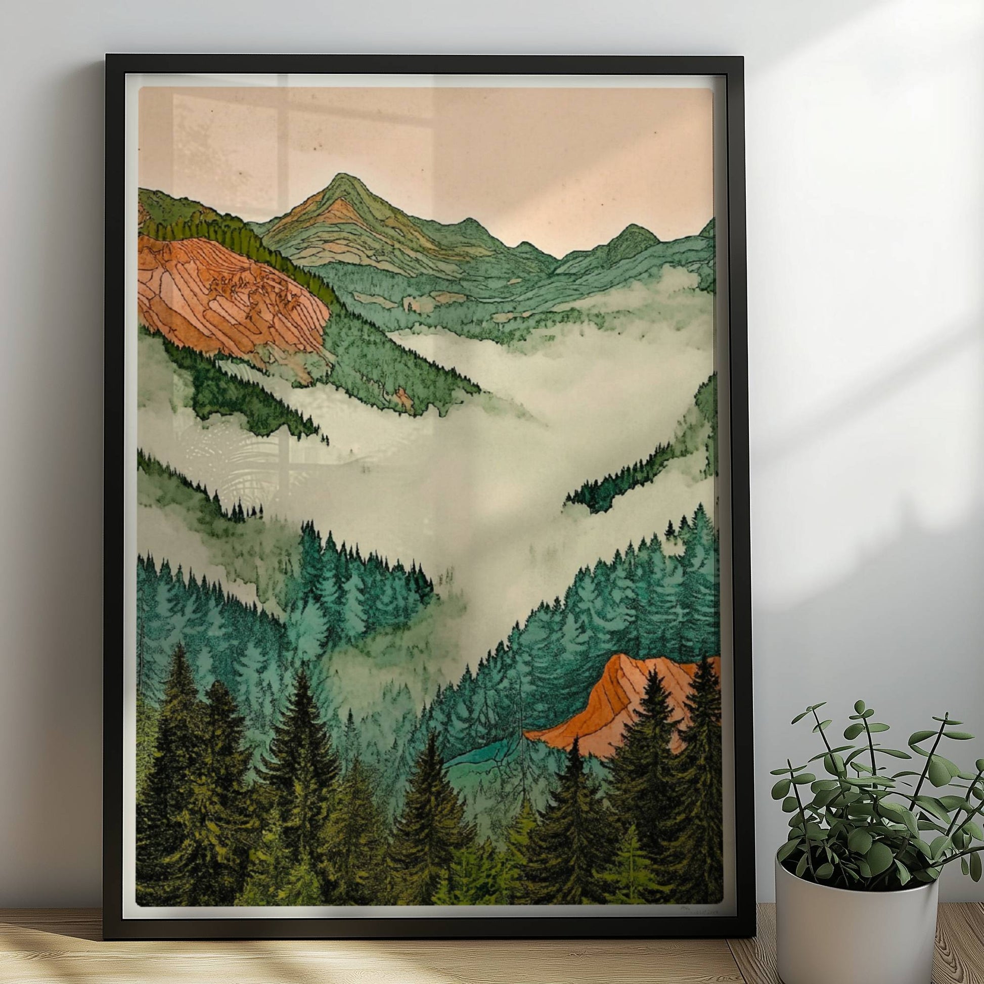 Sanfte grüne Hügel und Berge in pastelligen Tönen mit stilisiertem Sonnenlicht.. Rahmen schwarz 50x70