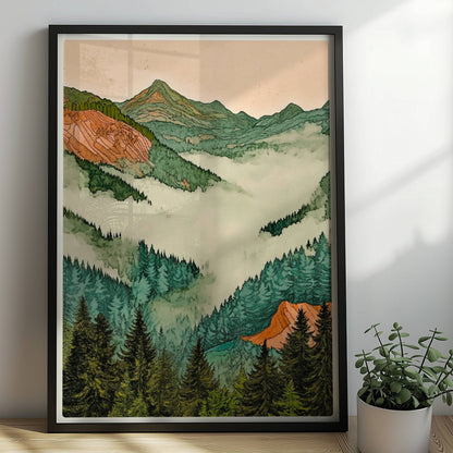 Sanfte grüne Hügel und Berge in pastelligen Tönen mit stilisiertem Sonnenlicht.. Rahmen schwarz 50x70