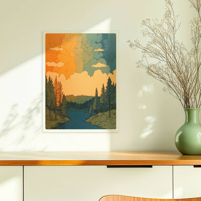 Sonnenuntergang über ruhigem Fluss, umgeben von Kiefernwald in warmen Orangetönen und grünen Reflexionen.. Ohne Rahmen 30x40