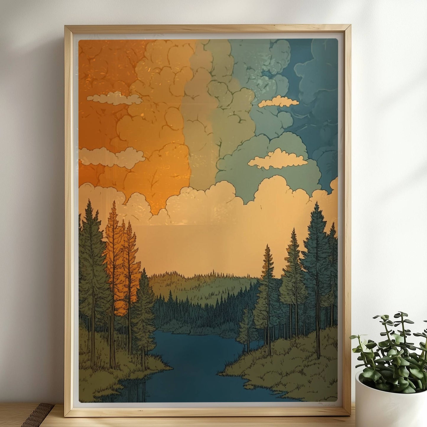 Sonnenuntergang über ruhigem Fluss, umgeben von Kiefernwald in warmen Orangetönen und grünen Reflexionen.. Rahmen natur 50x70