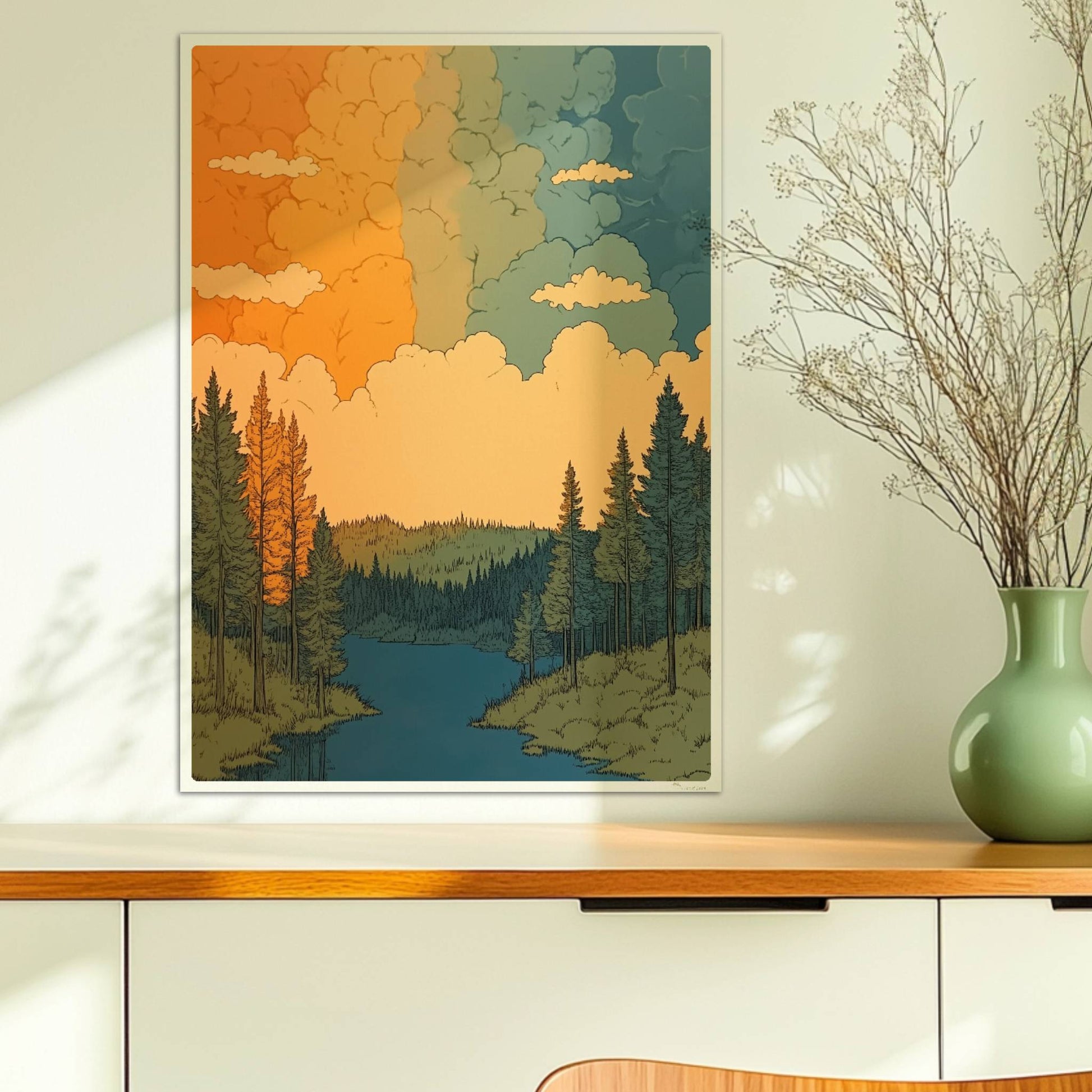 Sonnenuntergang über ruhigem Fluss, umgeben von Kiefernwald in warmen Orangetönen und grünen Reflexionen.. Ohne Rahmen 50x70