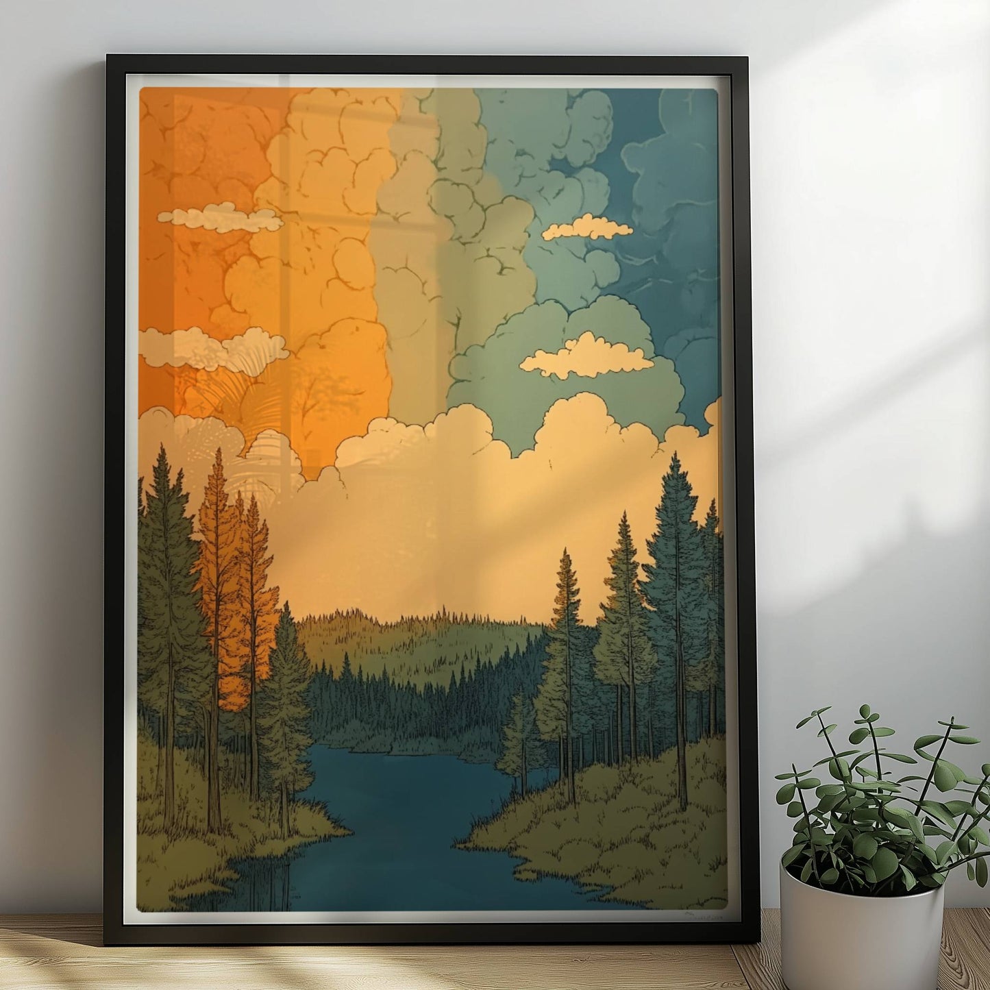 Sonnenuntergang über ruhigem Fluss, umgeben von Kiefernwald in warmen Orangetönen und grünen Reflexionen.. Rahmen schwarz 50x70