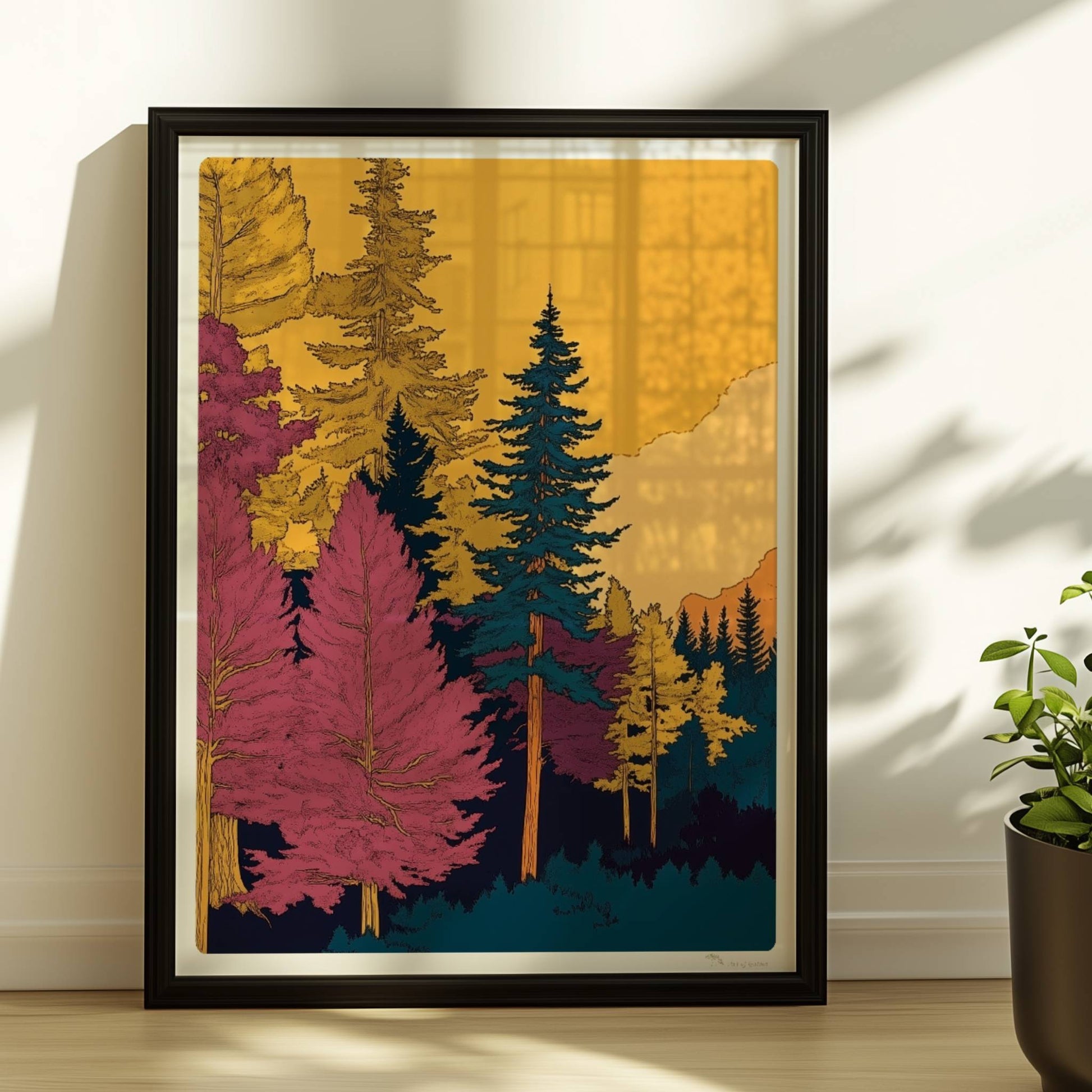 Märchenhafter Waldweg in weichem Morgenlicht mit hohen grünen Bäumen und leichtem Nebel.. Rahmen schwarz 30x40