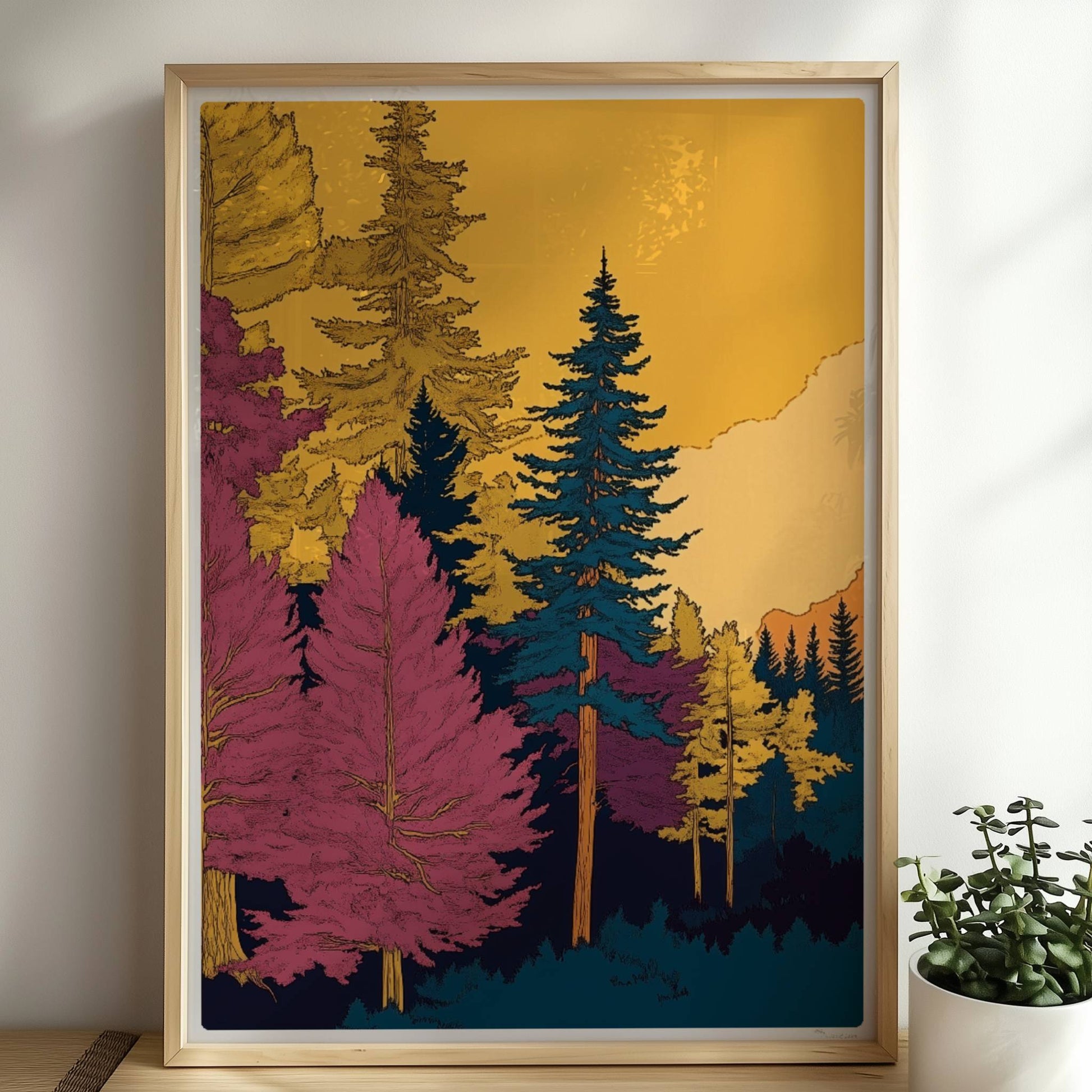 Märchenhafter Waldweg in weichem Morgenlicht mit hohen grünen Bäumen und leichtem Nebel.. Rahmen natur 50x70