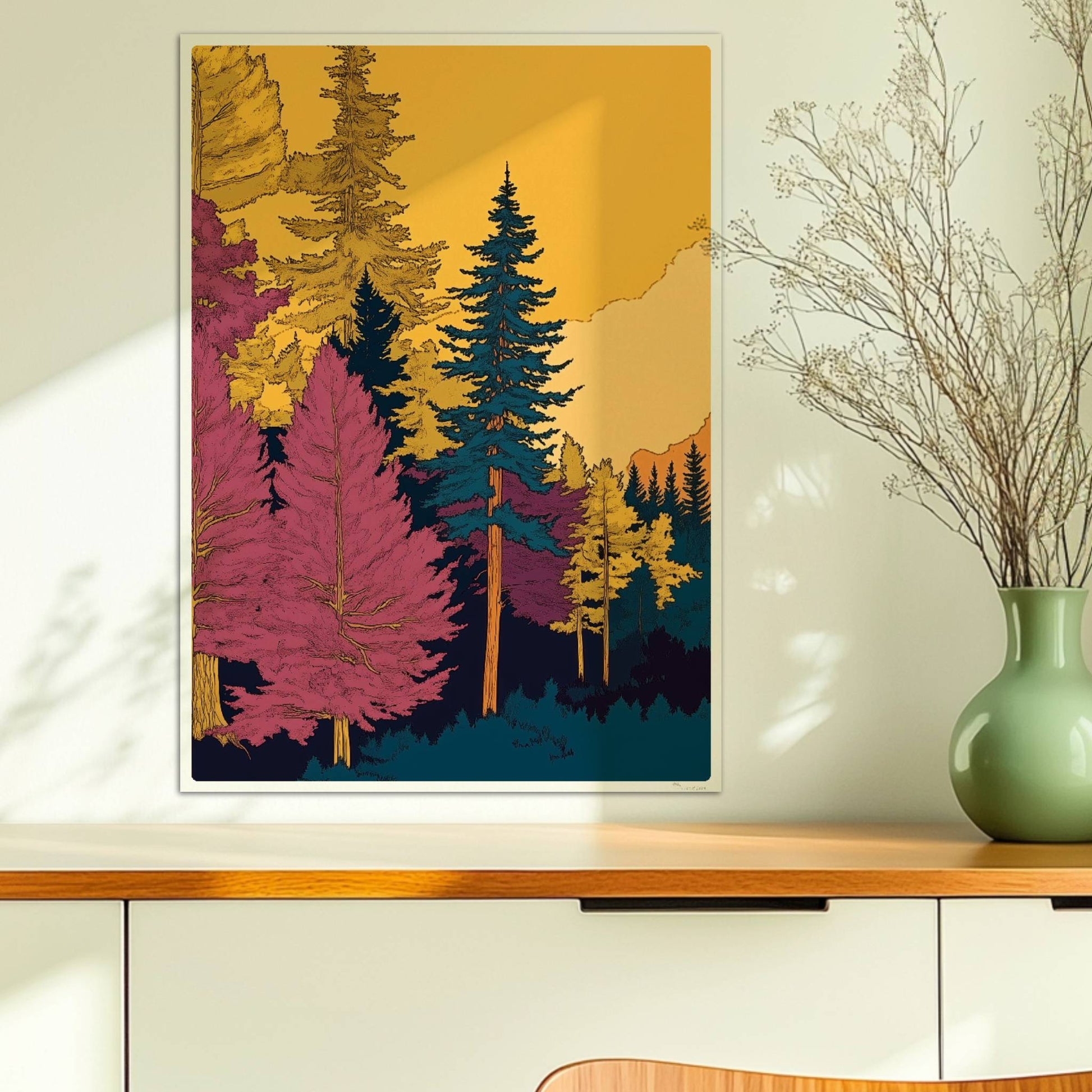 Märchenhafter Waldweg in weichem Morgenlicht mit hohen grünen Bäumen und leichtem Nebel.. Ohne Rahmen 50x70