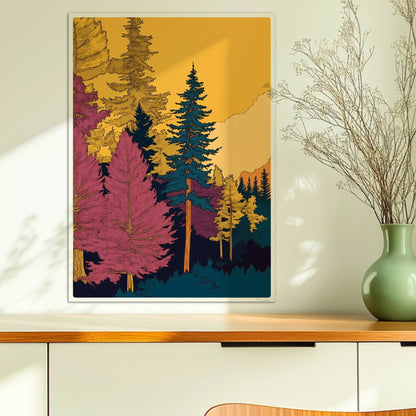 Märchenhafter Waldweg in weichem Morgenlicht mit hohen grünen Bäumen und leichtem Nebel.. Ohne Rahmen 50x70