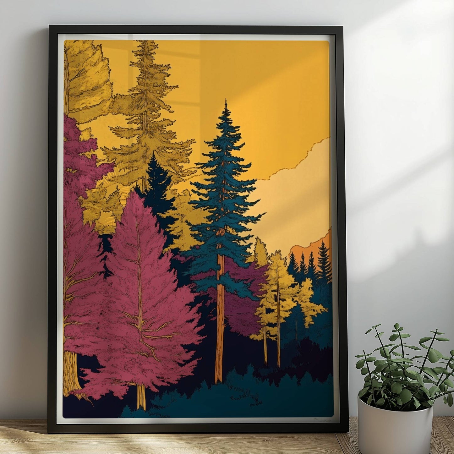 Märchenhafter Waldweg in weichem Morgenlicht mit hohen grünen Bäumen und leichtem Nebel.. Rahmen schwarz 50x70