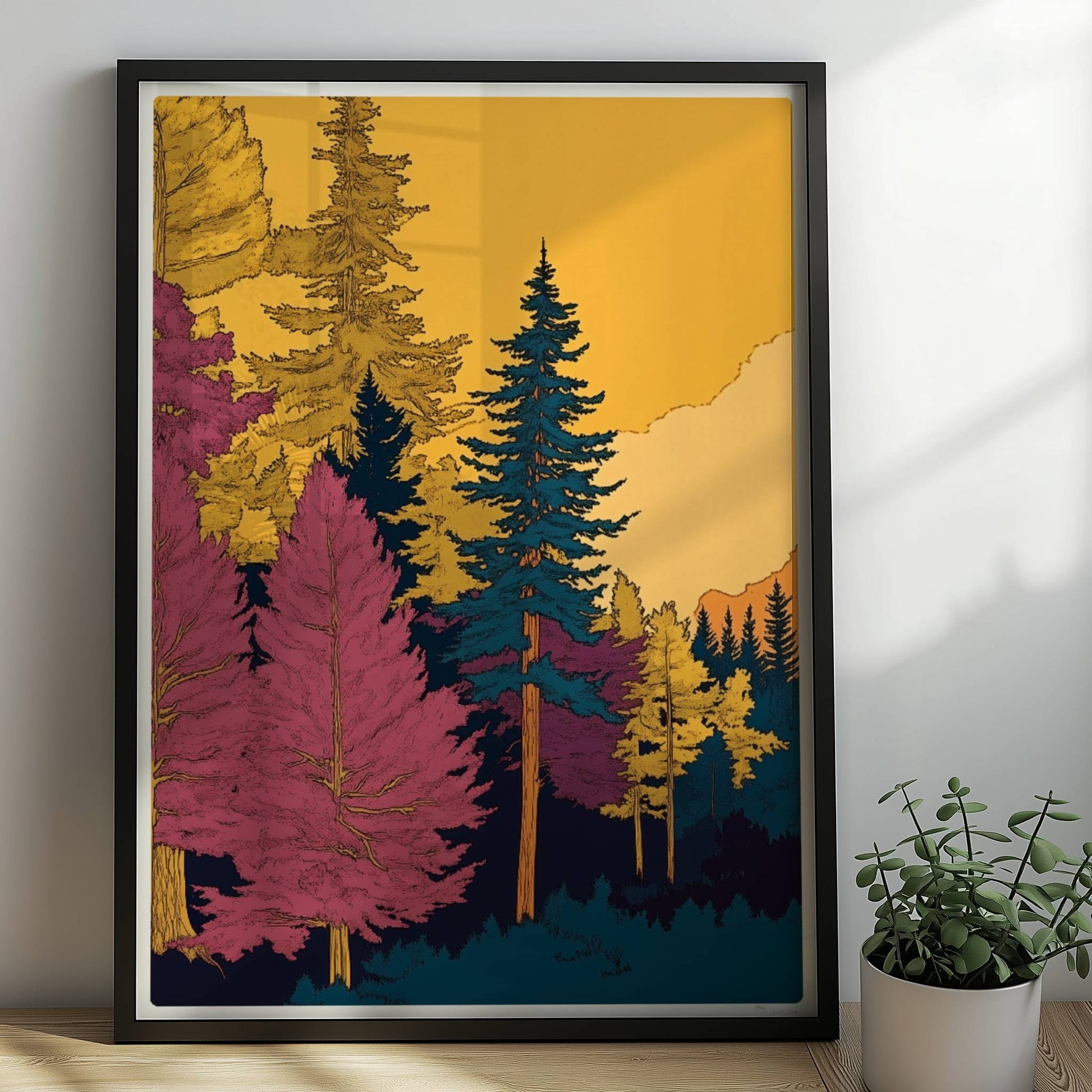 Märchenhafter Waldweg in weichem Morgenlicht mit hohen grünen Bäumen und leichtem Nebel.. Rahmen schwarz 50x70