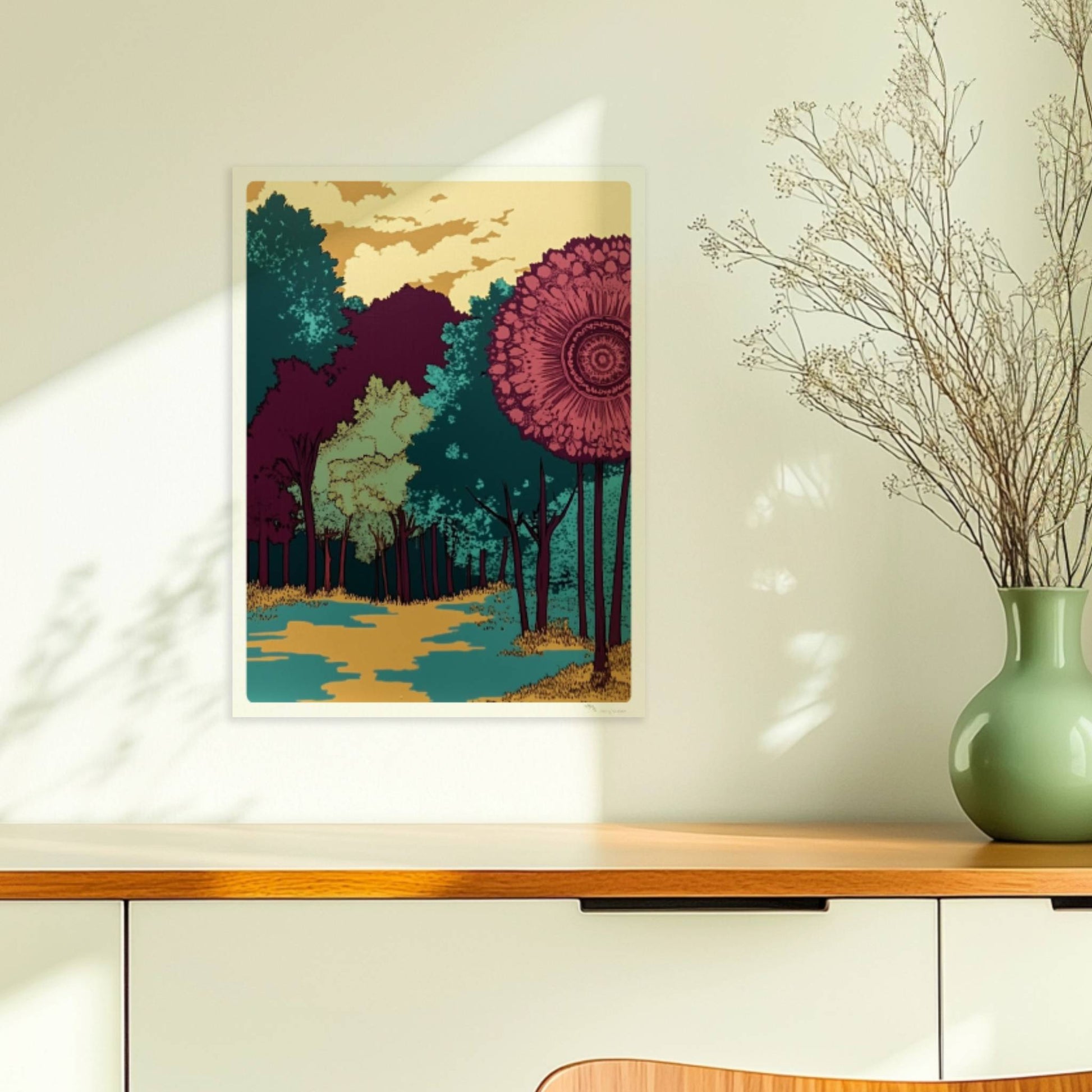 Hügelige Waldlandschaft mit goldenen Herbstfarben und weitem Blick auf den Horizont.. Ohne Rahmen 30x40