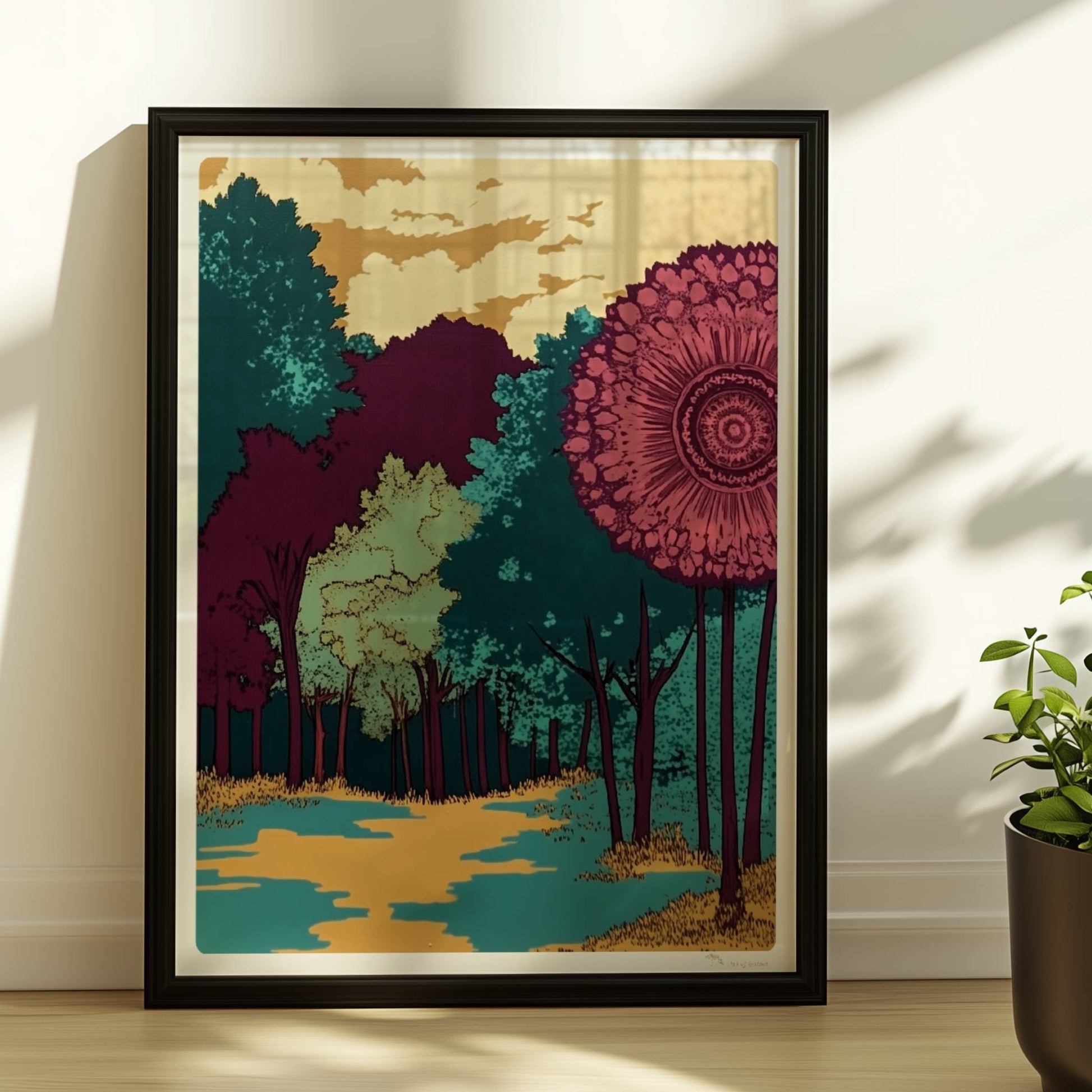 Hügelige Waldlandschaft mit goldenen Herbstfarben und weitem Blick auf den Horizont.. Rahmen schwarz 30x40
