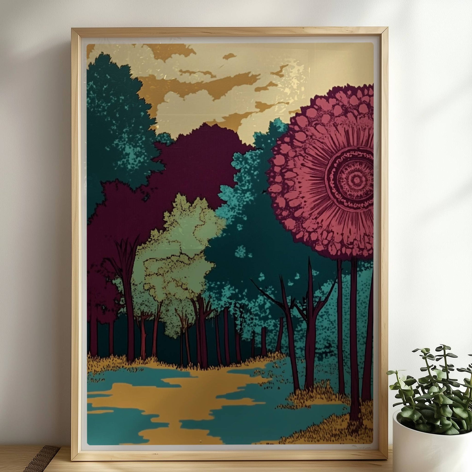 Hügelige Waldlandschaft mit goldenen Herbstfarben und weitem Blick auf den Horizont.. Rahmen natur 50x70