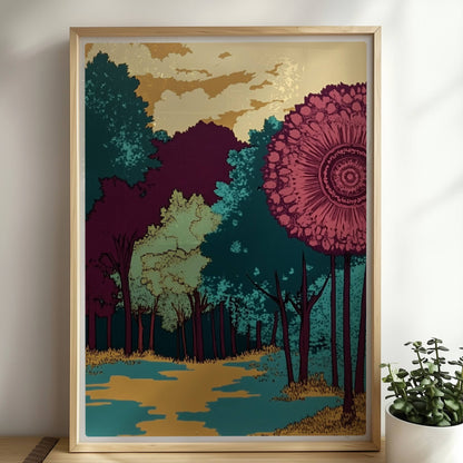 Hügelige Waldlandschaft mit goldenen Herbstfarben und weitem Blick auf den Horizont.. Rahmen natur 50x70