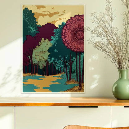 Hügelige Waldlandschaft mit goldenen Herbstfarben und weitem Blick auf den Horizont.. Ohne Rahmen 50x70