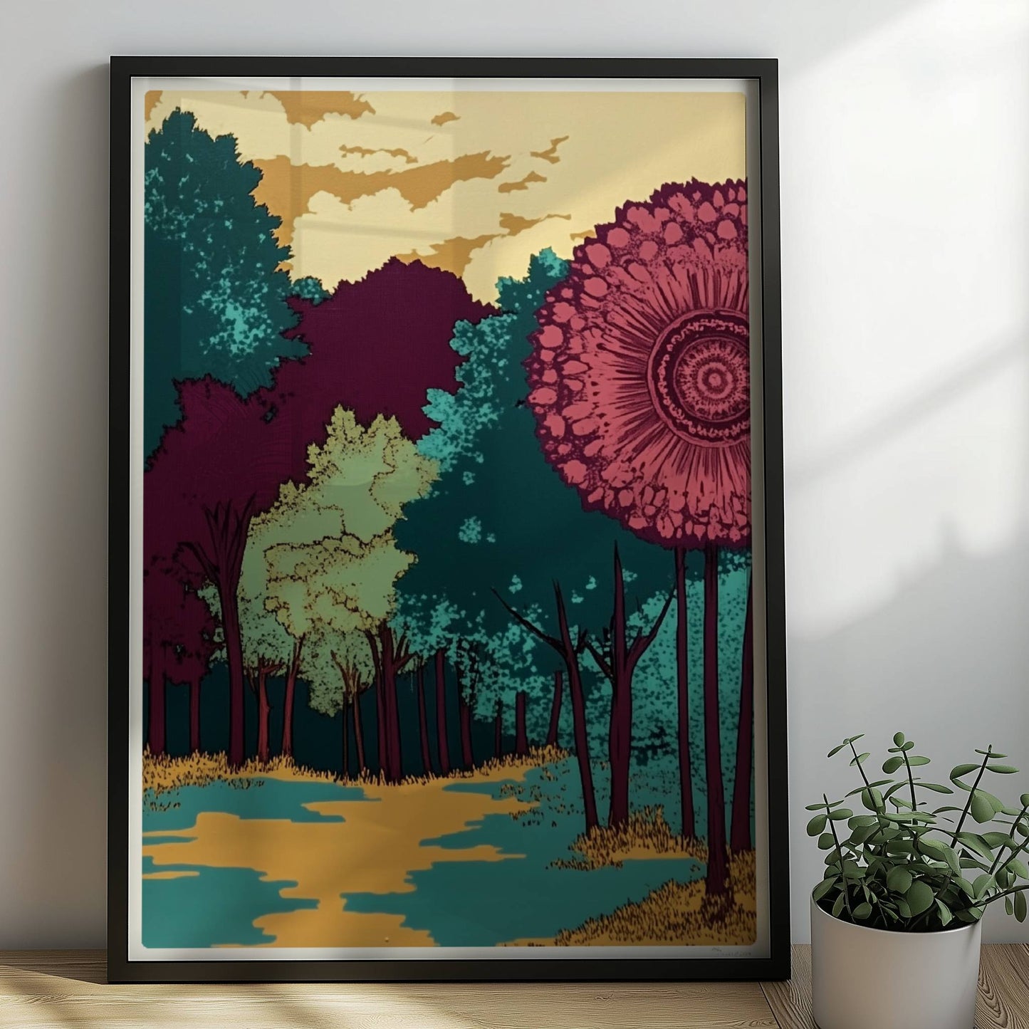Hügelige Waldlandschaft mit goldenen Herbstfarben und weitem Blick auf den Horizont.. Rahmen schwarz 50x70