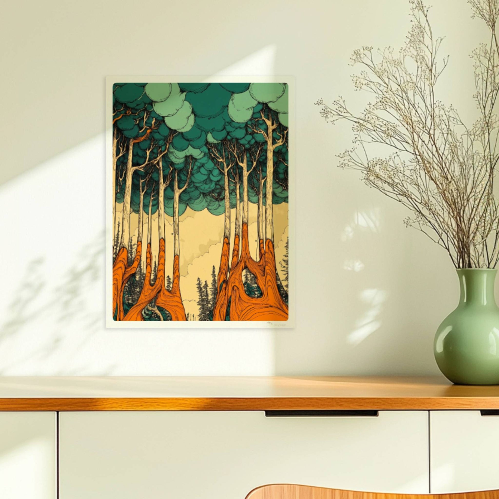 Morgennebel im dichten Wald mit sanften Lichtstrahlen und mystischer Stimmung.. Ohne Rahmen 30x40