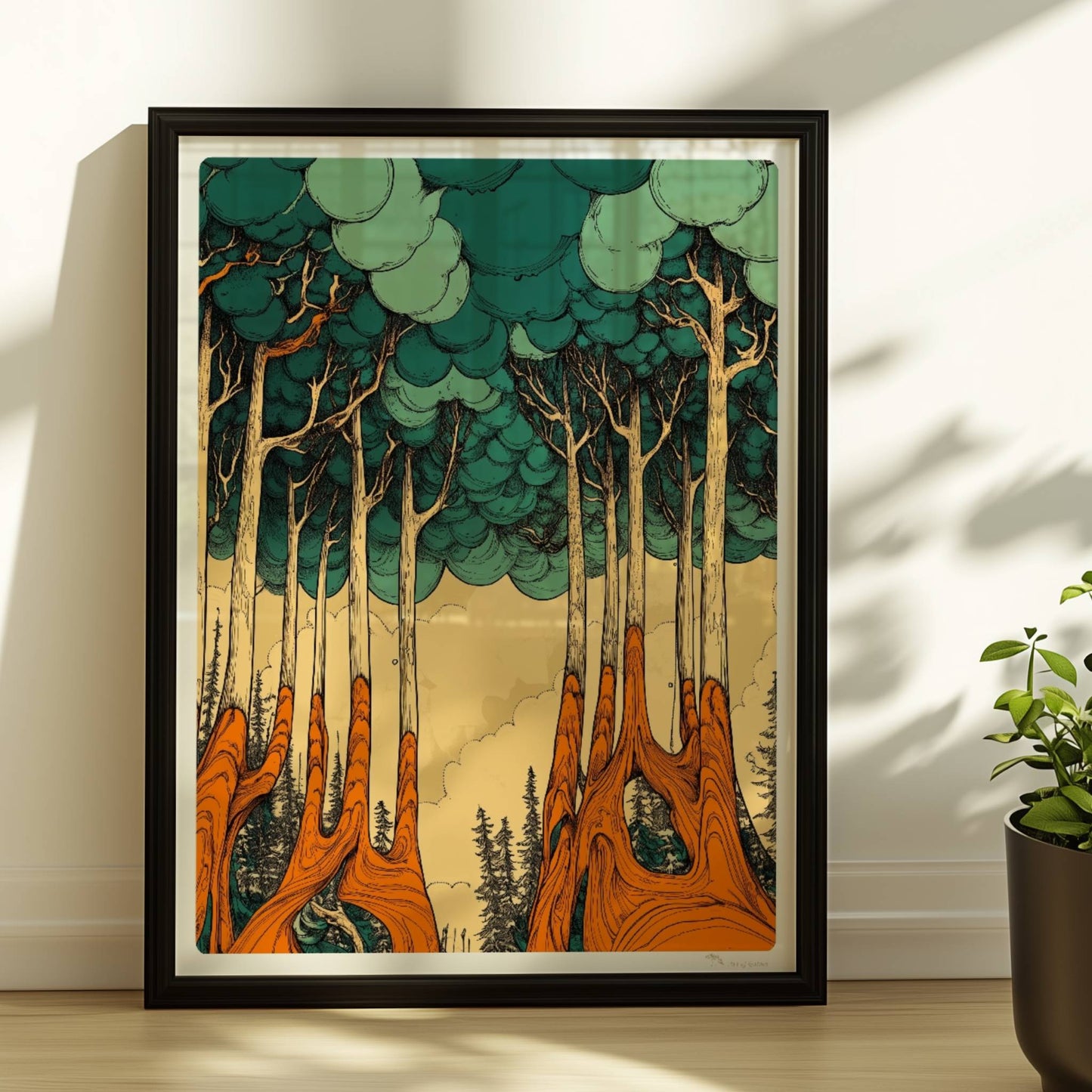 Morgennebel im dichten Wald mit sanften Lichtstrahlen und mystischer Stimmung.. Rahmen schwarz 30x40