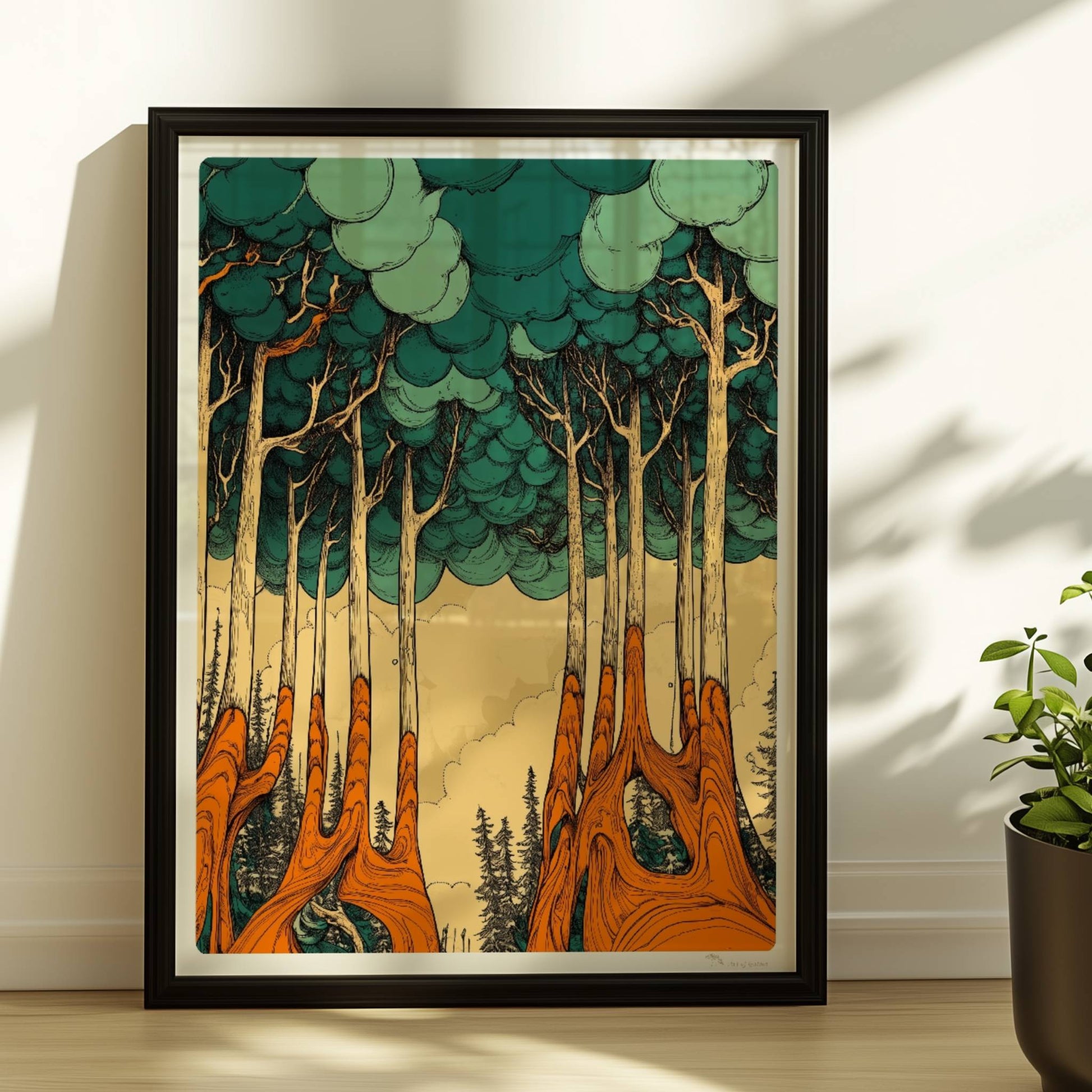 Morgennebel im dichten Wald mit sanften Lichtstrahlen und mystischer Stimmung.. Rahmen schwarz 30x40