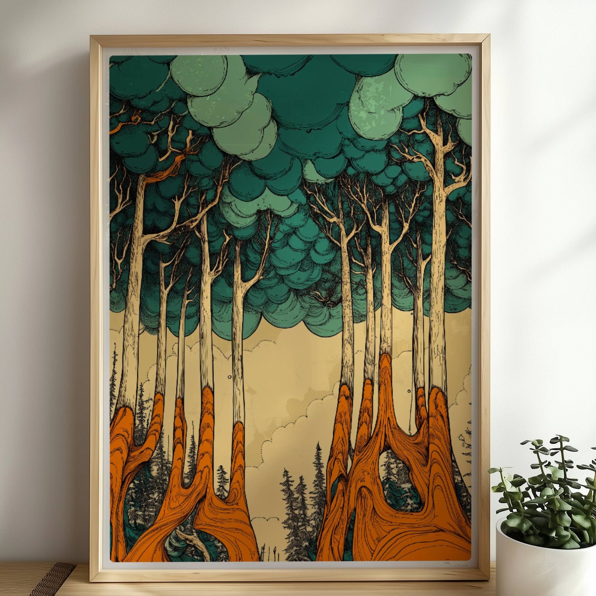 Morgennebel im dichten Wald mit sanften Lichtstrahlen und mystischer Stimmung.. Rahmen natur 50x70