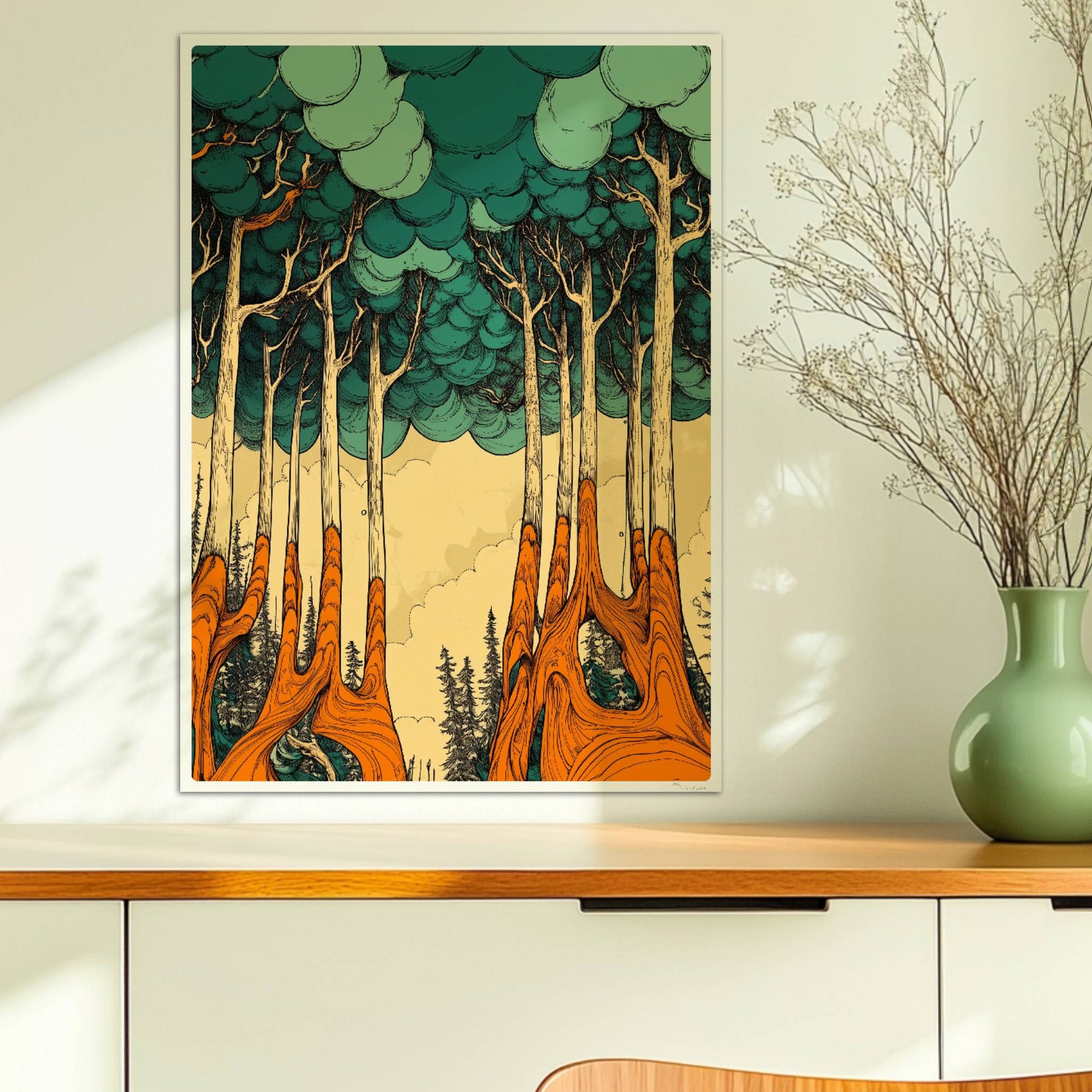 Morgennebel im dichten Wald mit sanften Lichtstrahlen und mystischer Stimmung.. Ohne Rahmen 50x70
