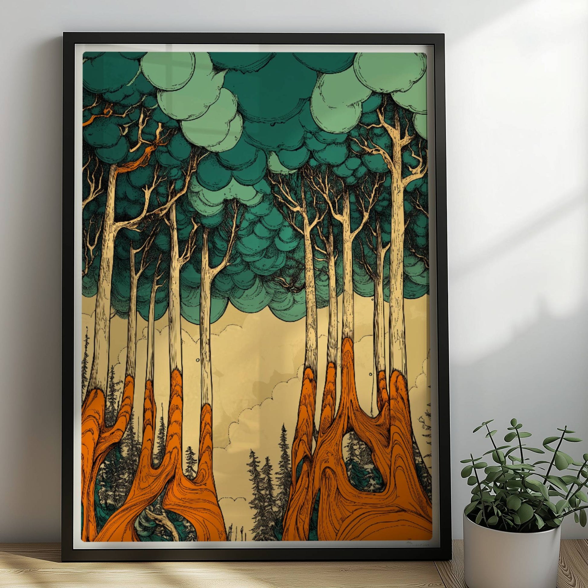 Morgennebel im dichten Wald mit sanften Lichtstrahlen und mystischer Stimmung.. Rahmen schwarz 50x70
