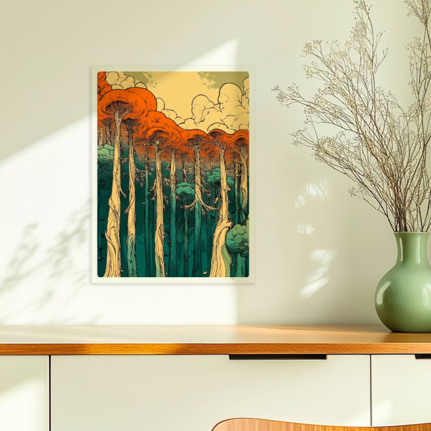 Farbenfroher Sonnenuntergang hinter einem Waldsee mit Spiegelungen der Baumkronen.. Ohne Rahmen 30x40